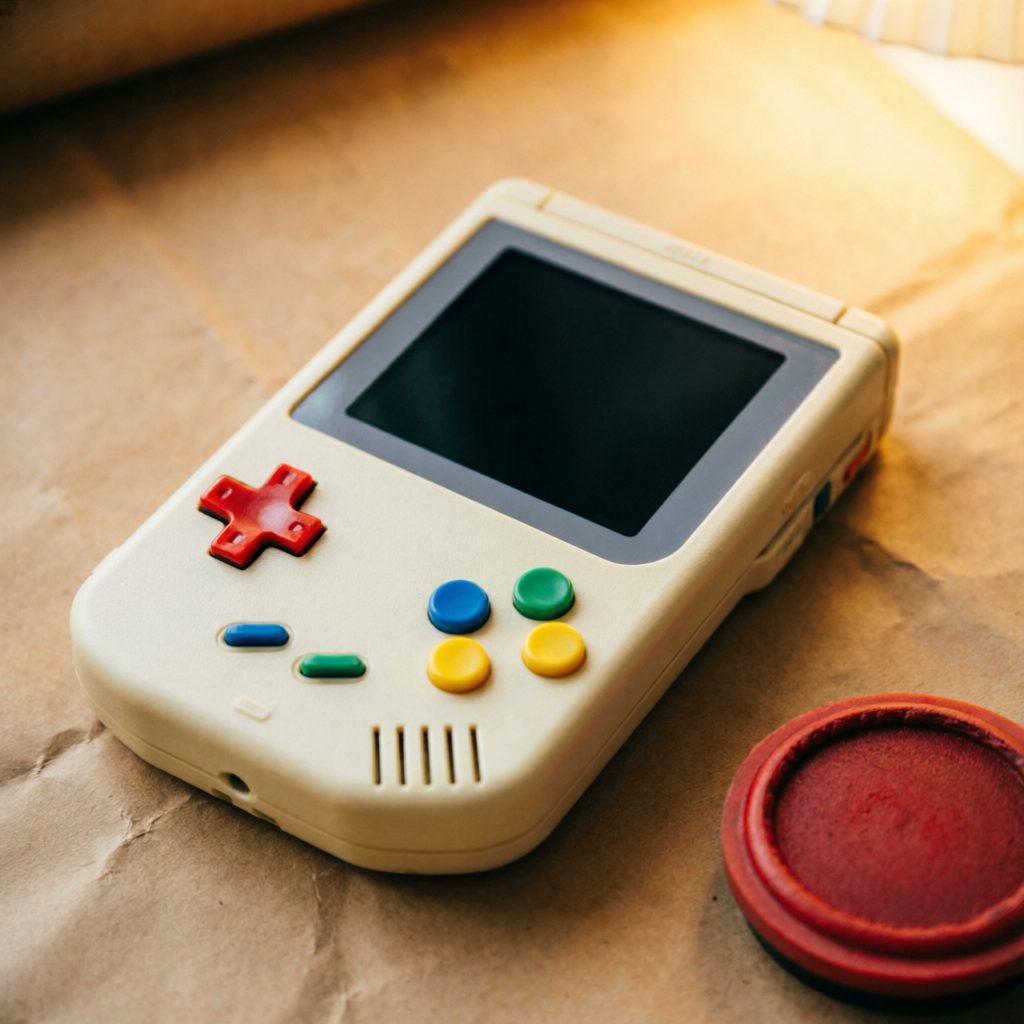クラフト紙の上に置かれたクリーム色のレトロ携帯ゲーム機